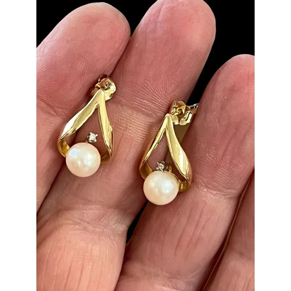Vintage Signed UL 14K Gold Pearl Diamond Drop Pierced Earrings - Picture 3 of 10